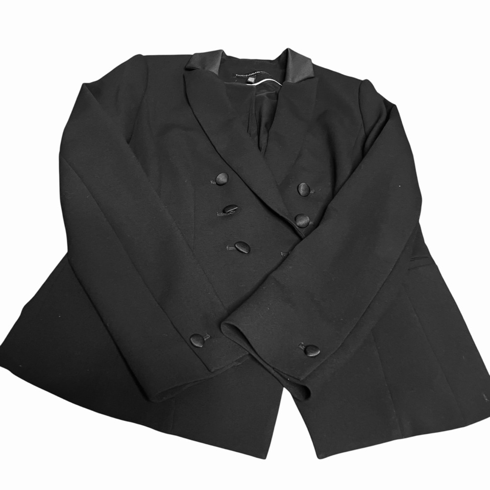 WHBM Studio Tuxedo Collared Black Double Breasted Semi Fitted Crop Jacket SZ 10 - Picture 12 of 15